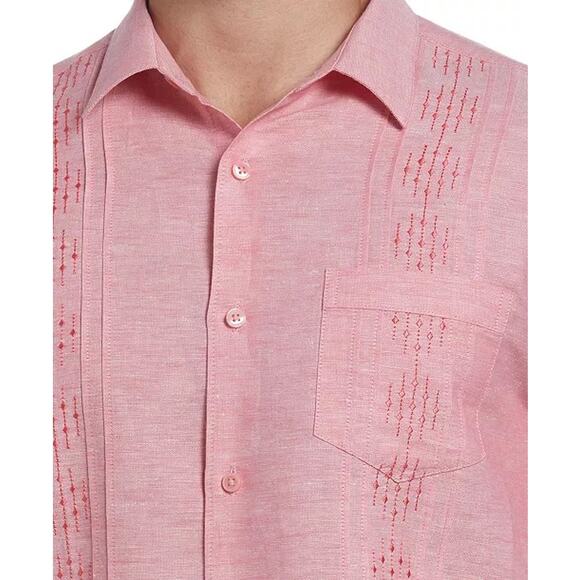 Cubavera Men's Embroidered Pintucked Panel Button Down Shirt Pink Linen L - Picture 4 of 9